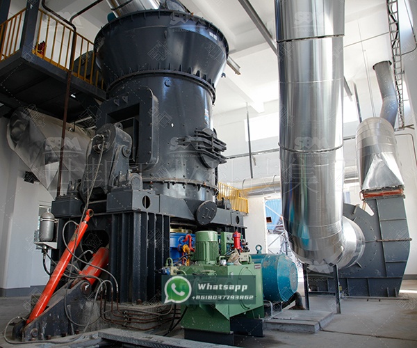 Cutaway diagram of a Vertical Roller Mill showing grinding table, rollers, and classifier